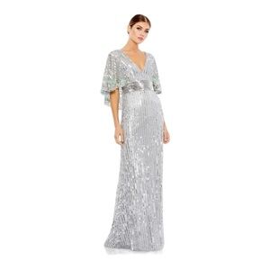 Mac Duggal Sequined V Neck Floral Embellished Cape Sleeve Gown NWT